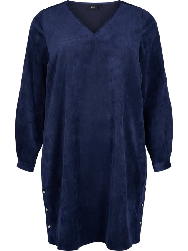 Zizzi VELENA, ABK BUTTON DRESS Dames Jurk - Blue - Maat M (46-48) Blauw