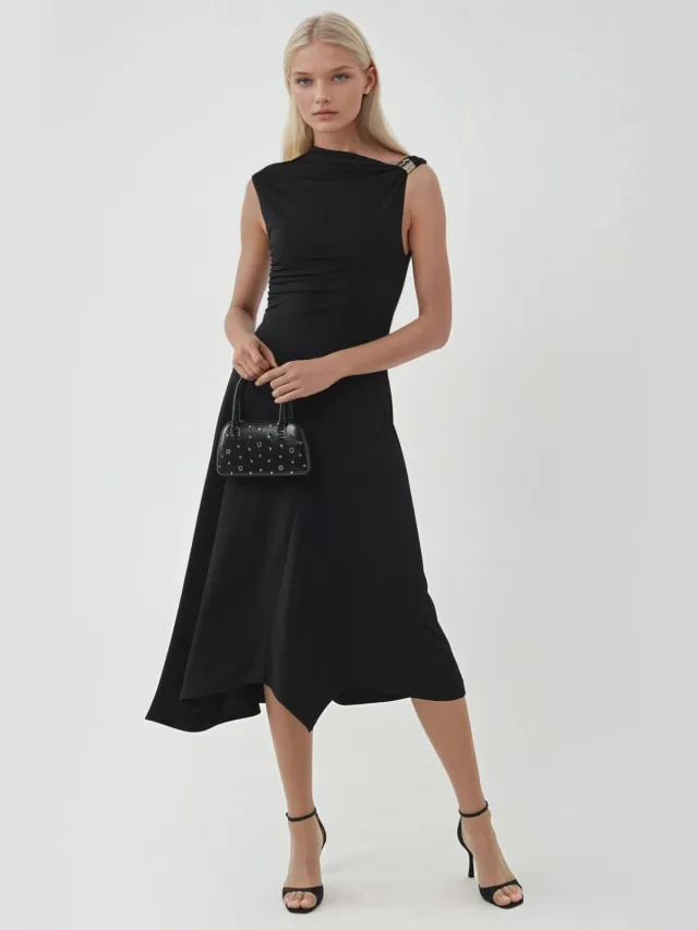 Busem Accessoire Gedetailleerde Asymmetrische Midi-jurk Zwart