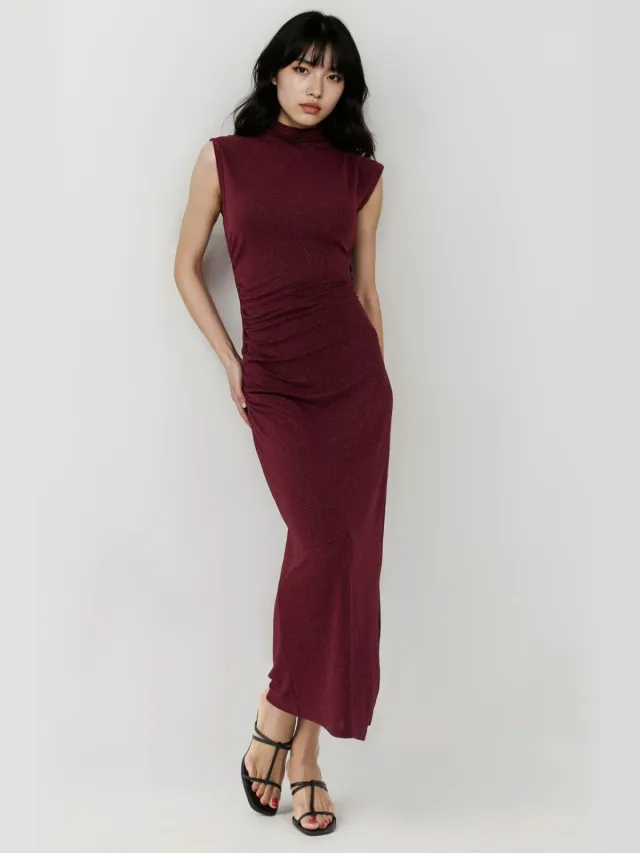 Hiccup Mouwloze Bodycon Pailletten Midi Jurk Bordeauxrood