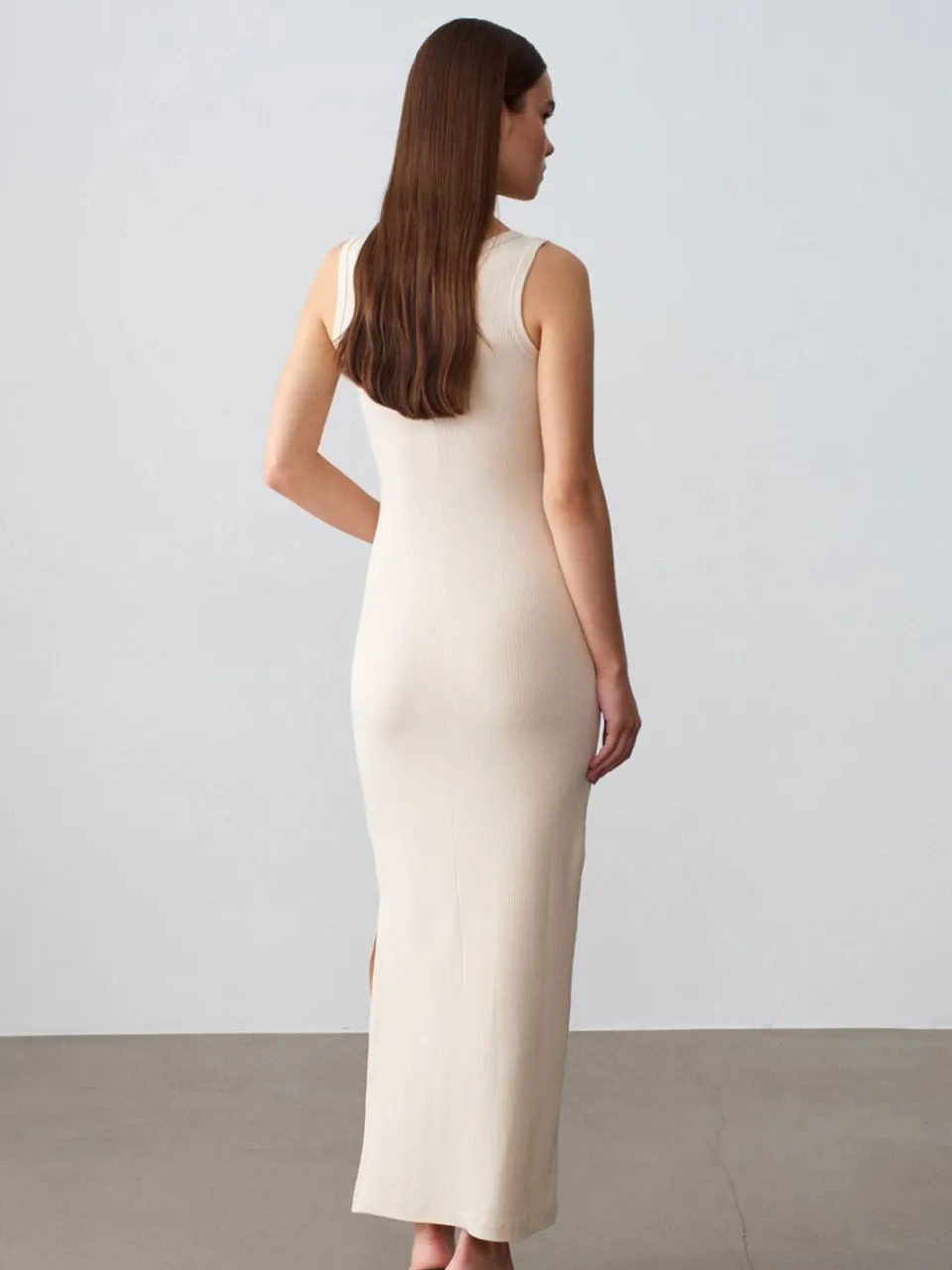 Dilvin Geribbeld Mouwloos Bodycon Maxi Jurk naturel, foto 2