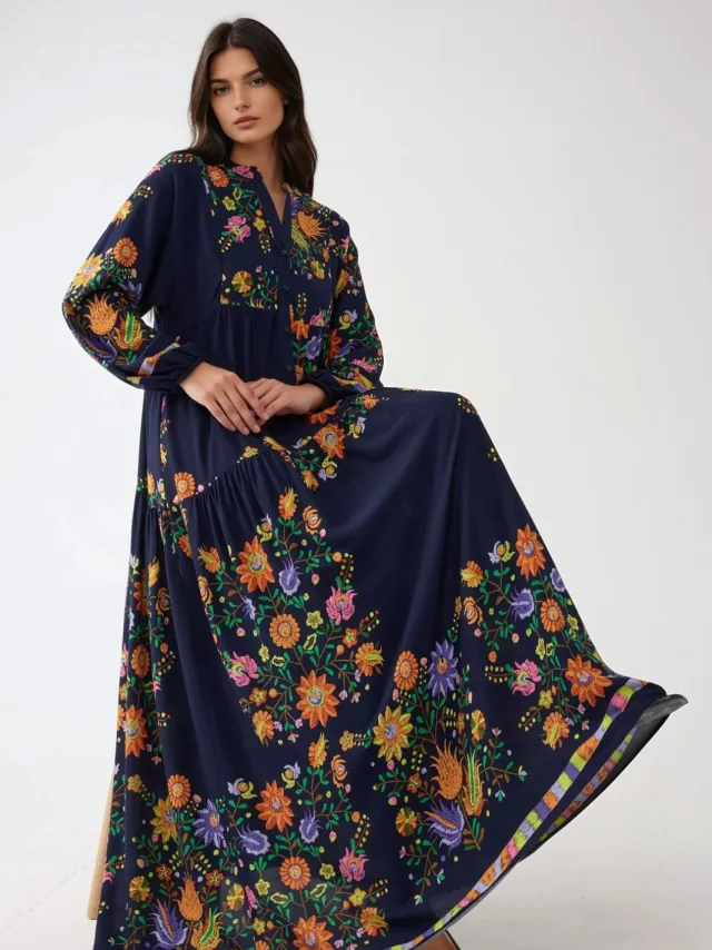Hiccup Geprinte V-hals Maxi-jurk met knoopdetail Marineblauw