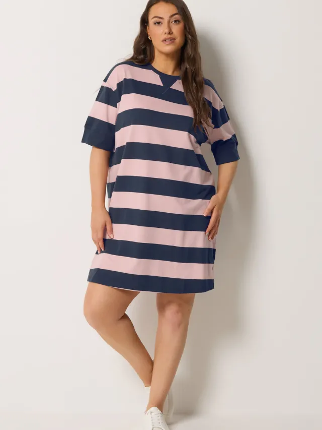 Yours Marineblauwe En Roze Gestreepte Tshirtjurk, foto 2