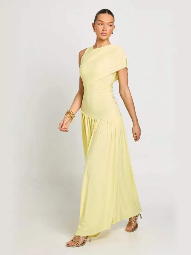 boohoo Dames Slinky Asymmetrische Hals Geplooide Detail Maxi Jurk Citroen