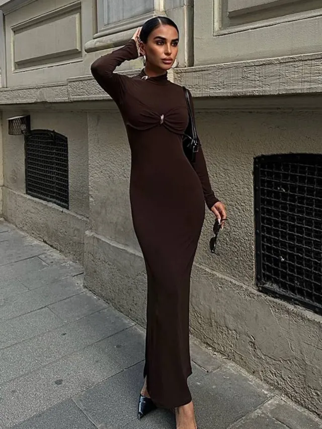 Trendyol TRENDYOLMİLLA Dames Bruin Effen Maxi Lang Stijlvol/Avond Recht Jurken