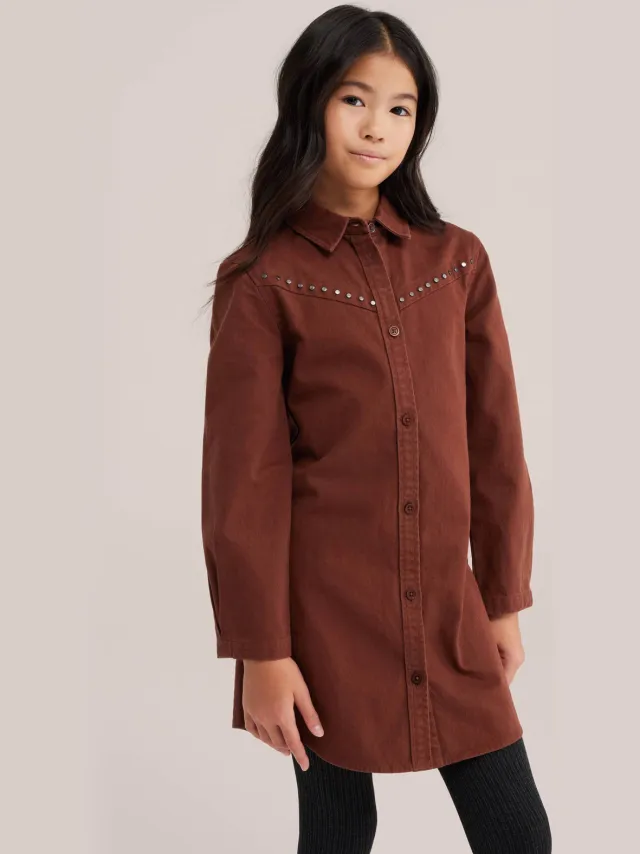 WE Fashion denim blousejurk met studs roodbruin Tabasco