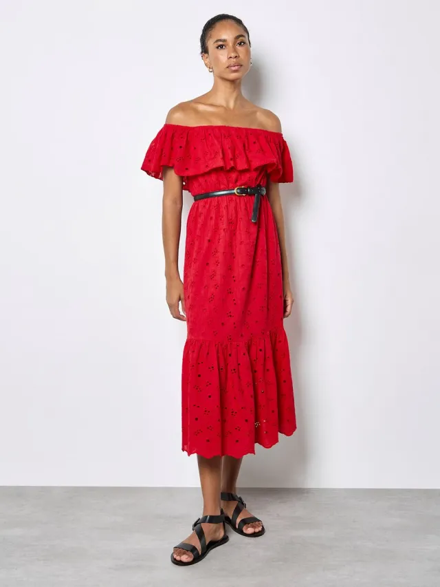 Apricot Maxi-jurk met Bardot-hals en borduursels Rood