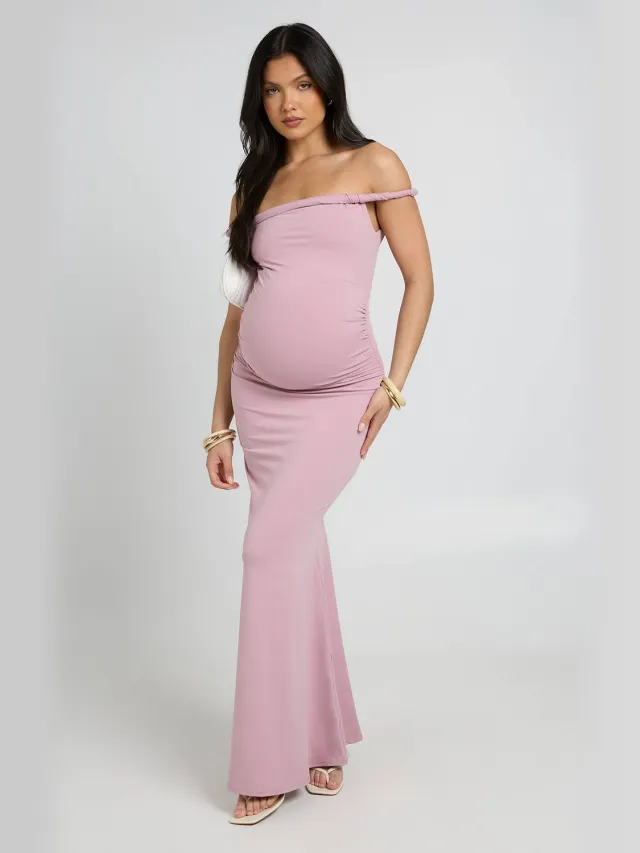 boohoo Dames Zwangerschaps Maxi Jurk Met Gedraaide Bardot Hals Mauve