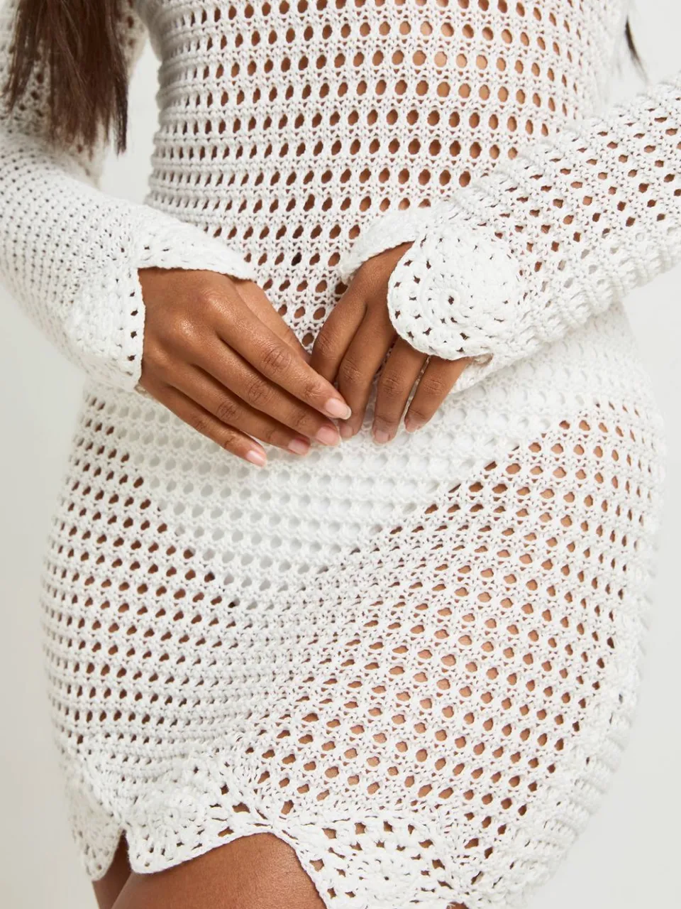 boohoo Dames Strand Gehaakte Mini-jurk Met Lange Mouwen ecru, foto 4