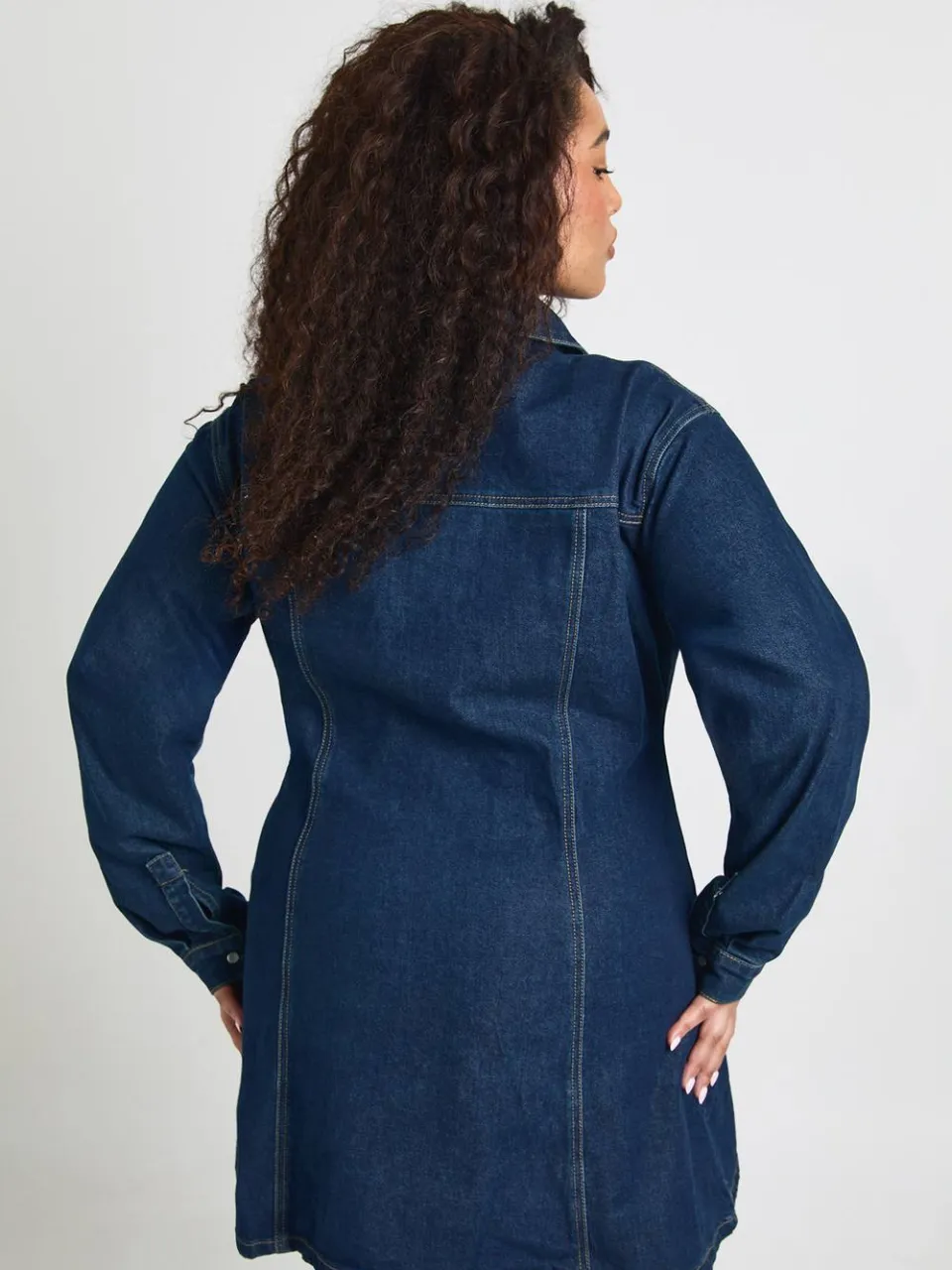 boohoo Dames Plus Denim Getailleerde Knoopjurk met Skater Silhouet, foto 2