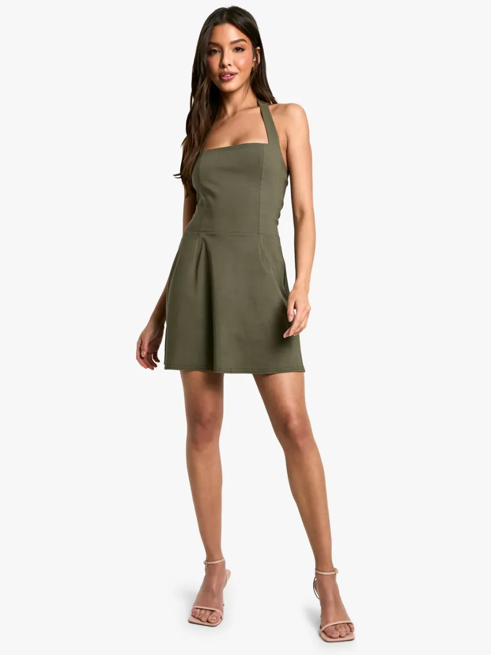 boohoo Dames Bengaline Jurk met Vierkante Hals en Skater Silhouet kaki, foto 3