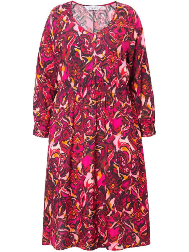 Studio Untold Dames - Midi-jurk A-lijn all-over print lange raglanmouw - Bessenroze - Maat 46+