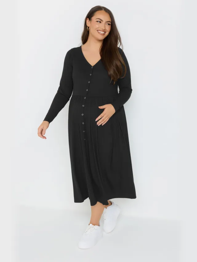 Bump It Up Maternity Geribbelde Premium Midi Jurk Met Knopen In Zwart Black