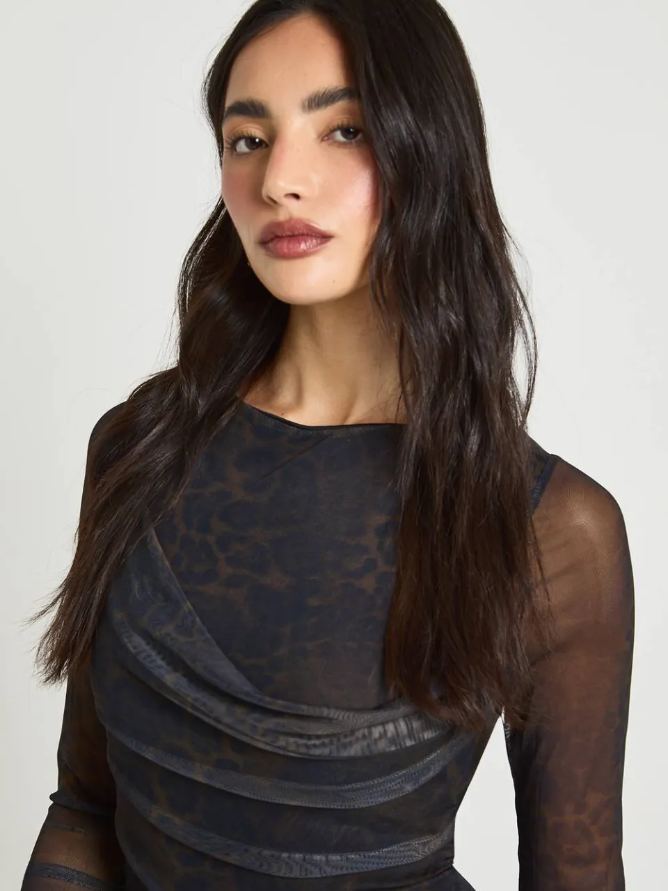boohoo Dames Bodycon Jurk Met Luipaardprint Mesh En Waterval Halslijn, foto 4