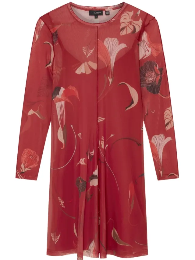 Ted Baker Midi-jurk Met Lange Mouwen En Meshprint In Rood Donkerrood