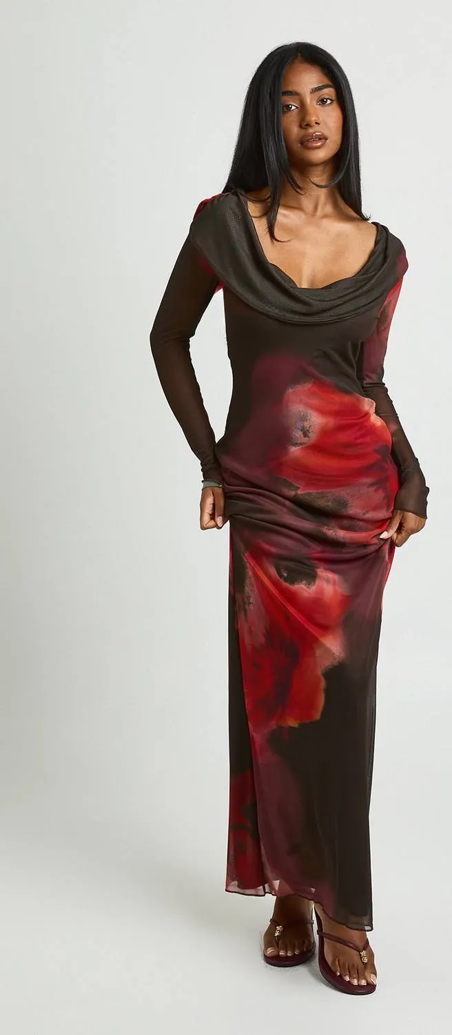 boohoo Dames Gebloemde Mesh Wijde Waterval Maxi Jurk Zwart