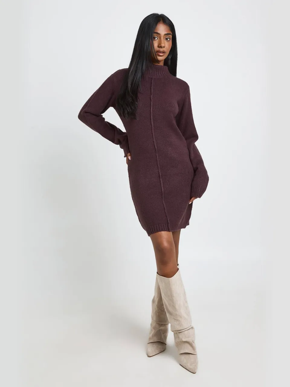 boohoo Dames Gebreide Mini Trui-jurk Met Hoge Hals En Naaddetail chocoladebruin, foto 3