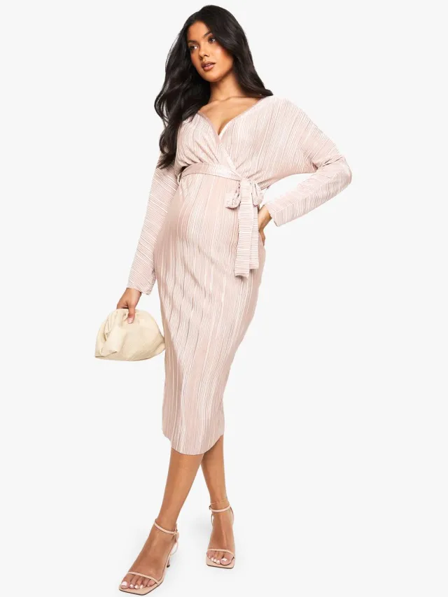 boohoo Dames Zwangerschapsplisse met ceintuur midi-jurk Champagne