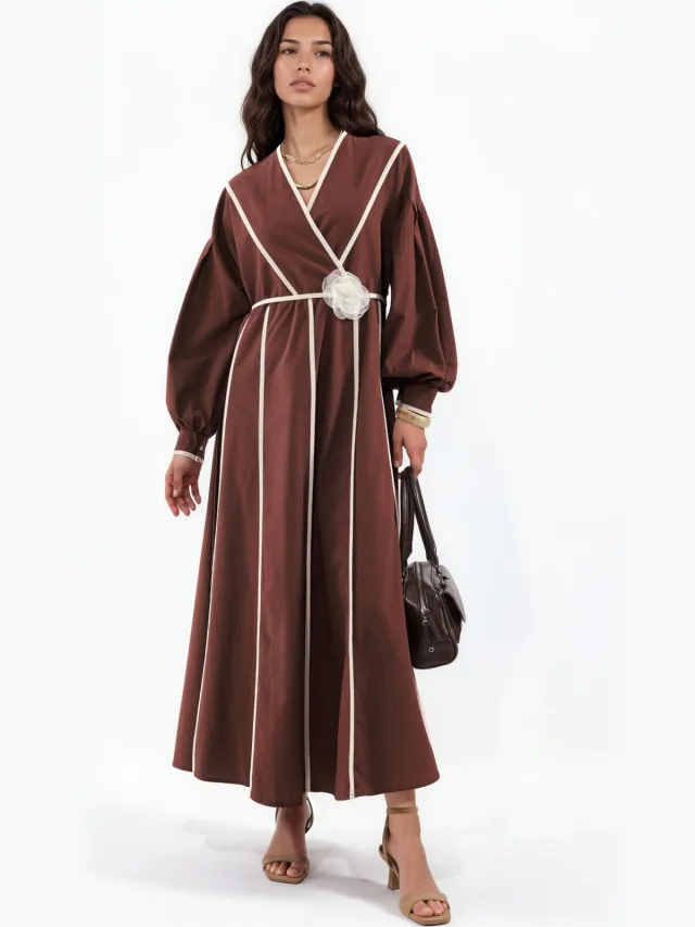 MSN Collection Gestrikte Gestreepte Maxi Jurk Donkerbruin
