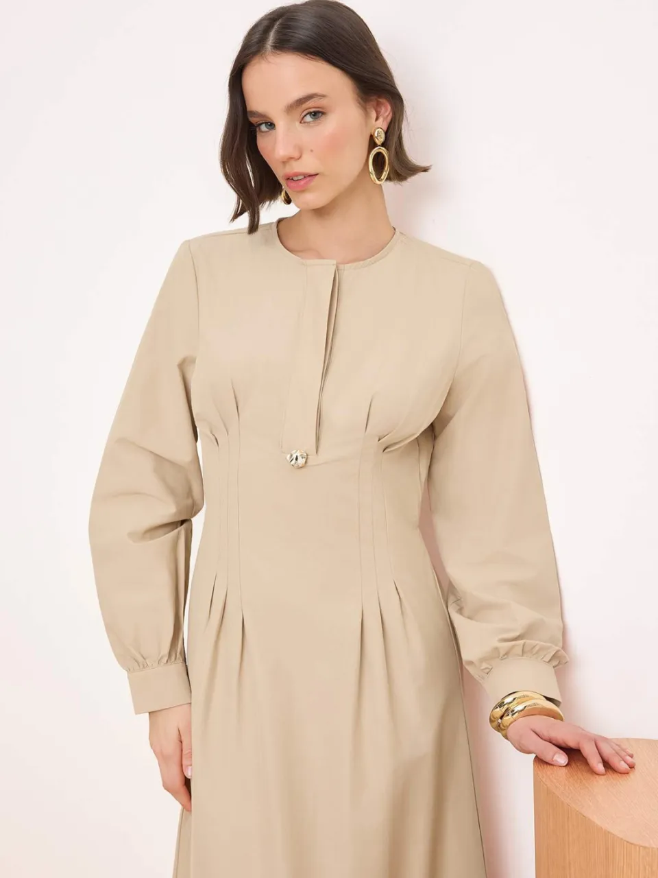 Trendyol Modest Dames Beige Effen Maxi Lang Casual Skater Modest Jurken, foto 2