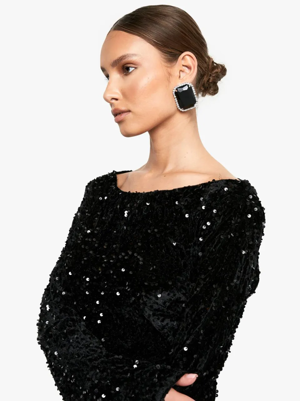 boohoo Dames Fluwelen Pailletten Tie Back Shift Jurk zwart, foto 4
