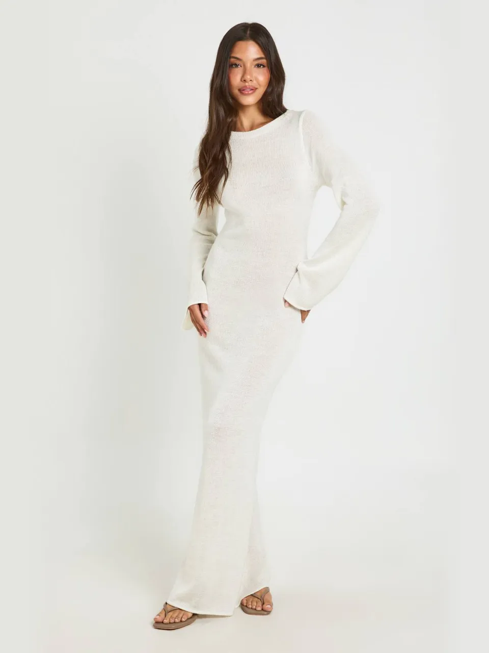 boohoo Dames Gebreide Maxi-jurk Met Boothals En Lange Mouwen ecru, foto 3