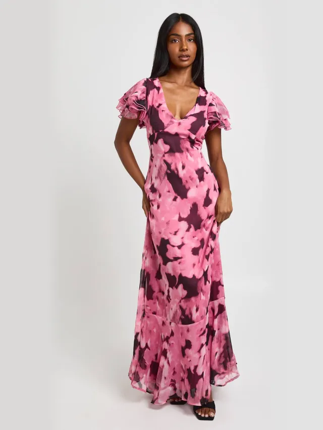 boohoo Dames Maxi Jurk Met Tonale Bloemenprint En Gestructureerde Chiffon Schemerig Roze