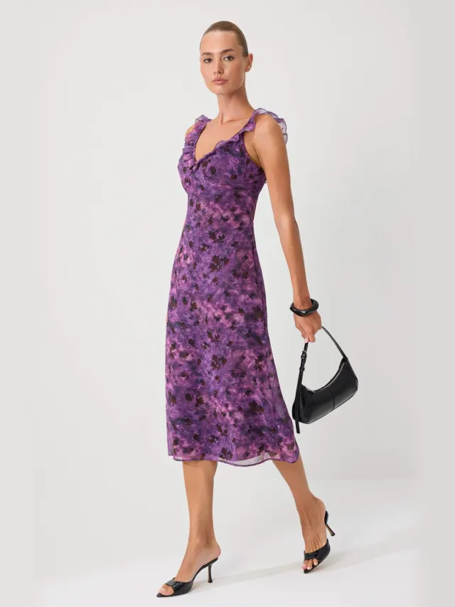 Trendyol TRENDYOLMİLLA Dames Paars Bloemen Midi Mouwloos Avond / Dagelijks Slipjurken