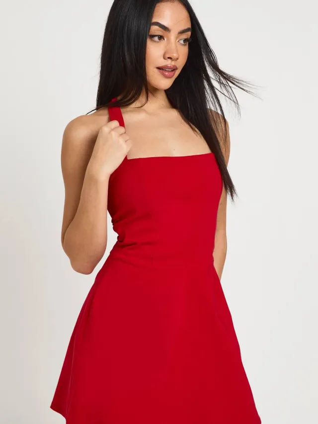 boohoo Dames Bengaline Vierkante Hals Skater Jurk Rood