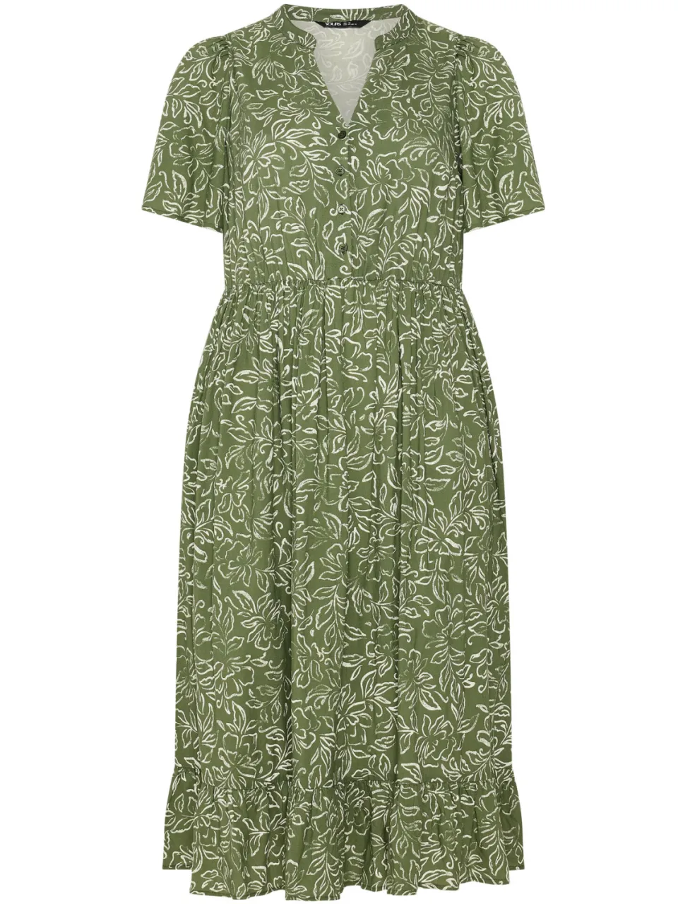 Yours Kaki Groene Midijurk Met Bloemenprint-60, foto 5