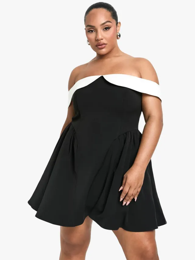 boohoo Dames Plus Contrast Off-shoulder geplooide skaterjurk Zwart