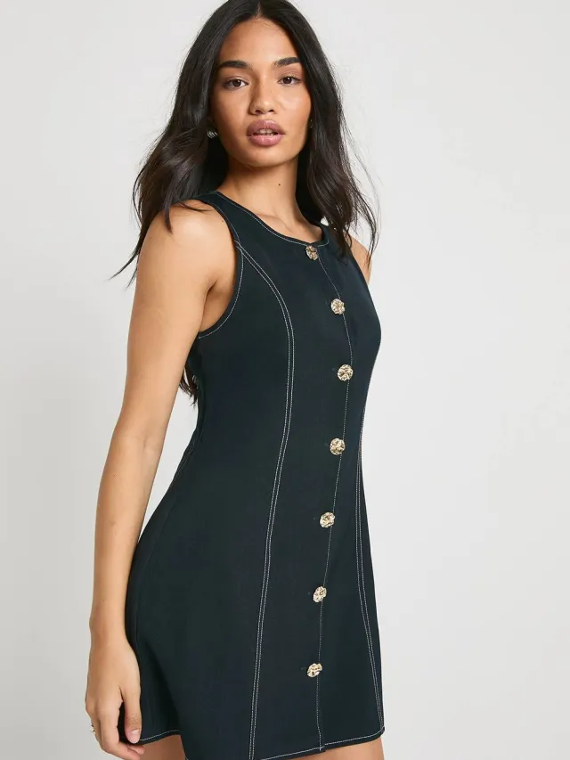 boohoo Dames Gouden knop op maat gemaakte mouwloze A-lijn minijurk Marineblauw