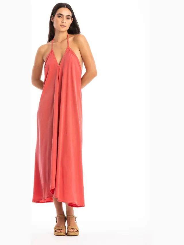 RAVENS VIEW IBIZA dames vegan Midi Jurk Milena Kleirood Lichtrood