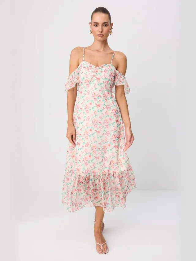 Trendyol TRENDYOLMİLLA Dames Meerkleurig Bloemen Midi Mouwloos A-lijn Jurken Veelkleurig
