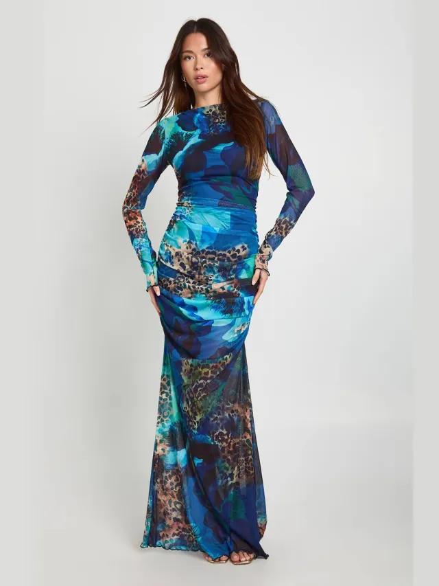 boohoo Dames Gemengde dierenprint geraffineerde mesh maxi-jurk Kobaltblauw