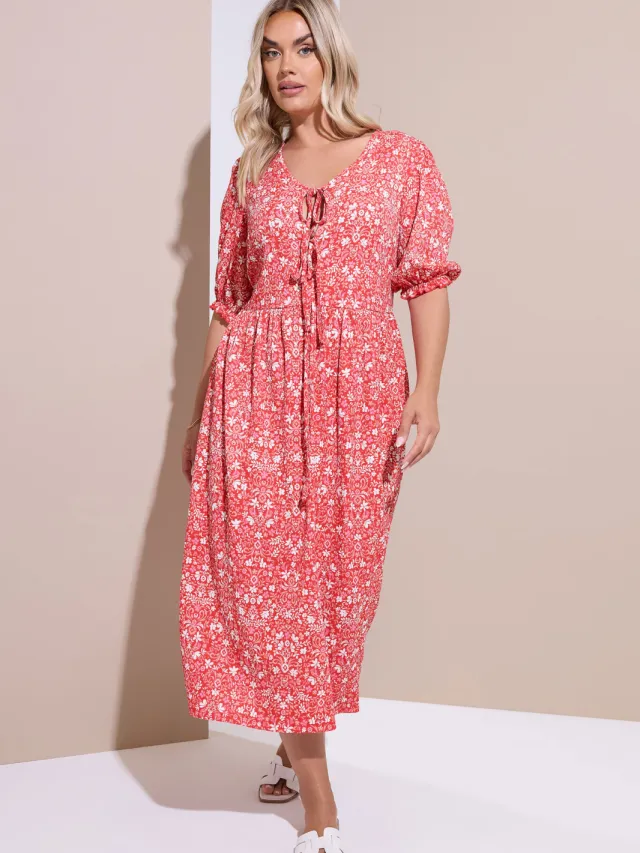 Yours Rode Bloemen Paisley Strik Voorkant Midaxi Jurk-52 Red
