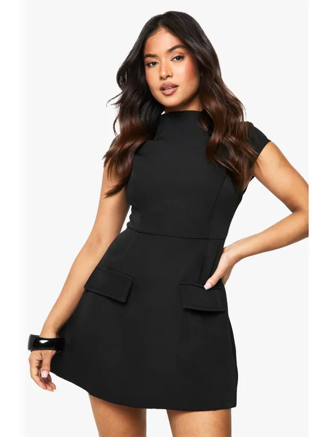 boohoo Dames Petite Hoge Hals Gestructureerde Getailleerde Mini-Jurk zwart, foto 3