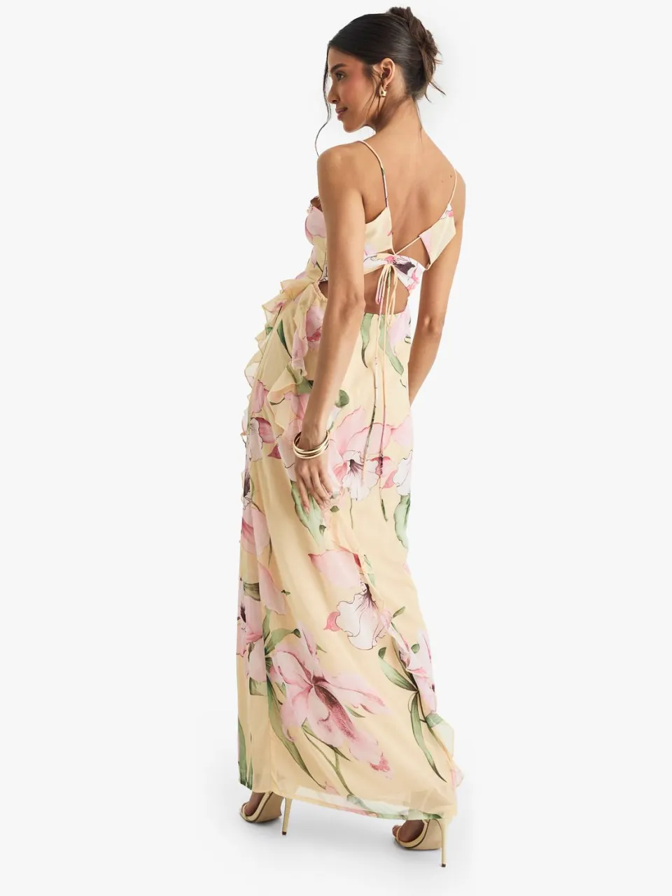boohoo Dames Floral Crinkle Chiffon Ruffle Maxi Jurk citroen, foto 2