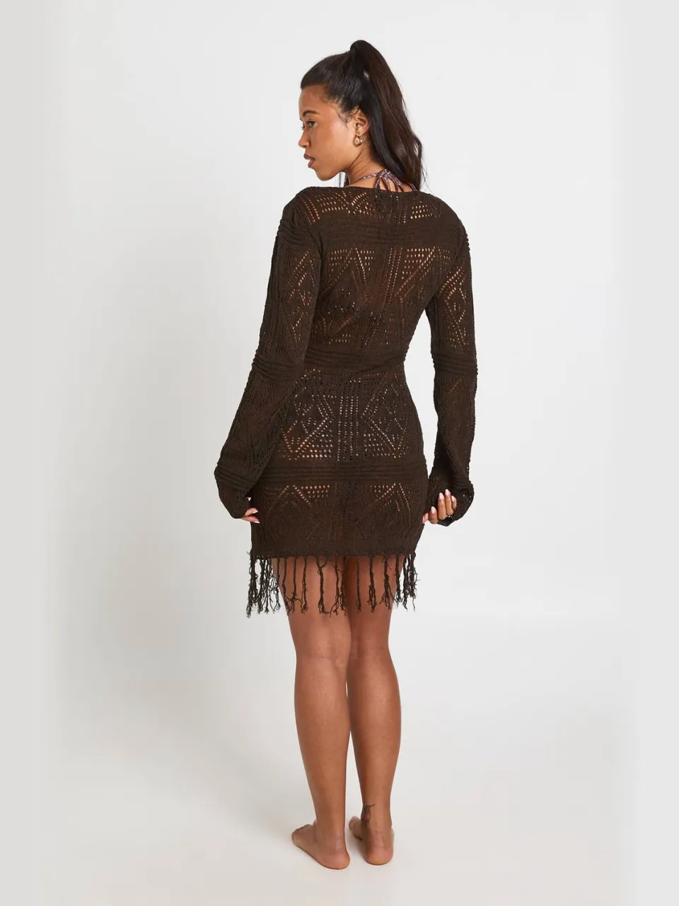boohoo Dames Strandtuniek Met Kwastjes En Haakwerk chocoladebruin, foto 2
