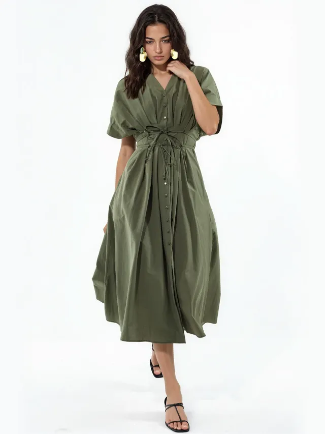 Busem Casual V-hals Midi Shirtjurk Olijfgroen
