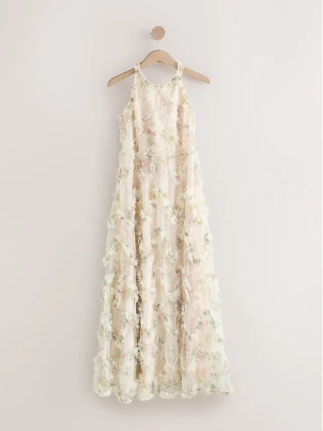 Next Dames - Maxi Gelegenheidsjurk met Halterneck en Ruches - Tall - Crème Cream/Pink Floral