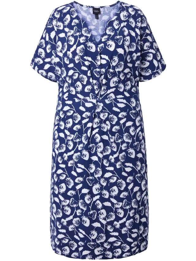 Ulla Popken Dames - Midi-jurk aardbeien tuniekhals korte mouwen - Inktblauw - Maat 54+