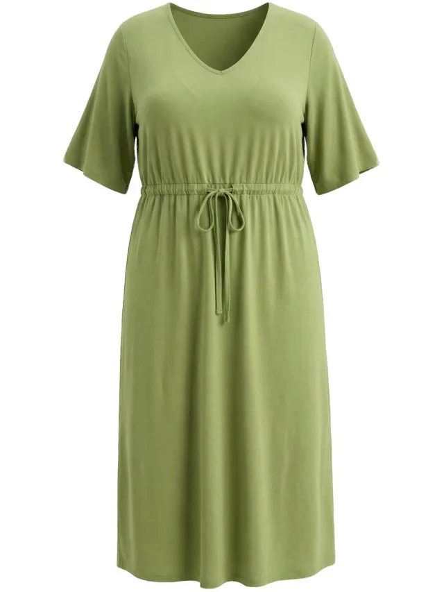 Ulla Popken Dames - Maxi-jurk A-lijn V-hals korte mouw - Grasgroen - Maat 62+