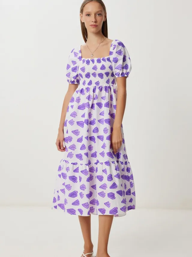Happiness Istanbul Fruity Abstract Print A-Lijn Midi Jurk met Vierkante Kraag Paars
