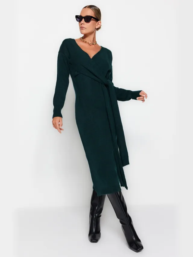 Trendyol TRENDYOLMİLLA Dames Groen Effen Midi Lang Casual Double-breasted Jurken