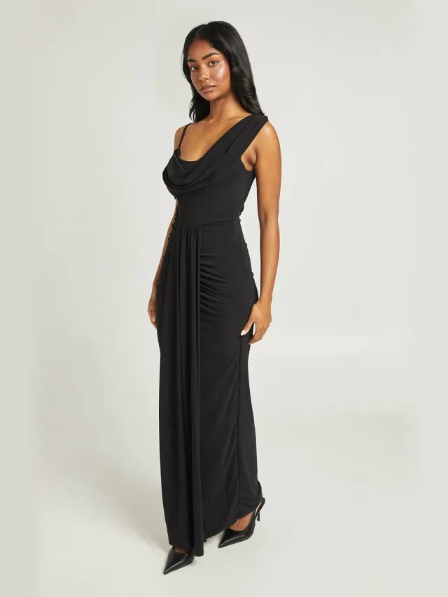 boohoo Dames Dubbellaags Slinky Drape Voorkant Cold Shoulder Maxi Jurk zwart, foto 2