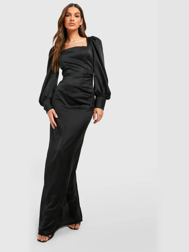 boohoo Dames Satin Blouson Mouw Maxi Jurk Black