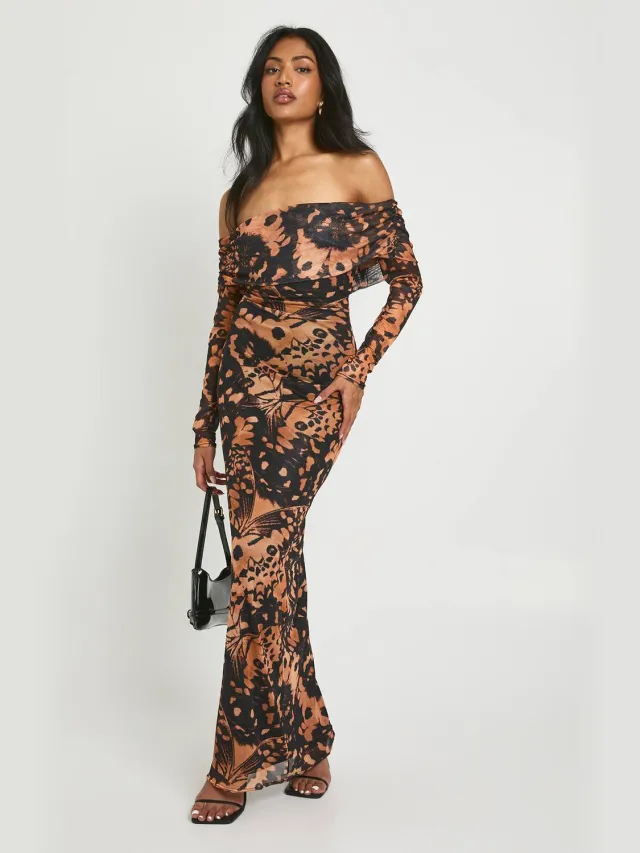 boohoo Dames Abstracte Bedrukte Bardot Maxi Jurk Bruin