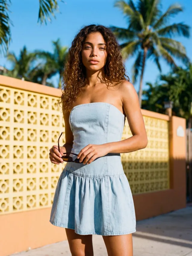 boohoo Dames Denim Bandeau Mini Jurk Gebleekt Blauw