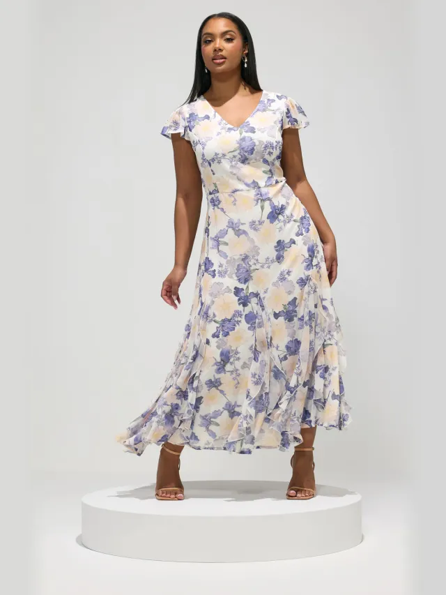 Yours London Witte Maxijurk Met Bloemenprint, Ruches En Wijd Uitlopende Zoom White