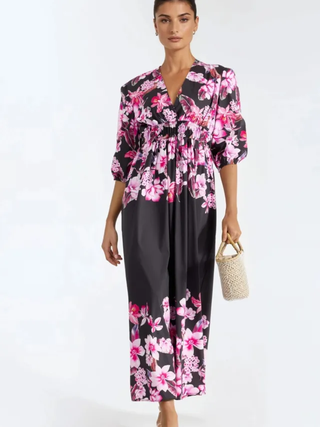 MSN Collection Bloemige V-hals Maxi-jurk Zwart